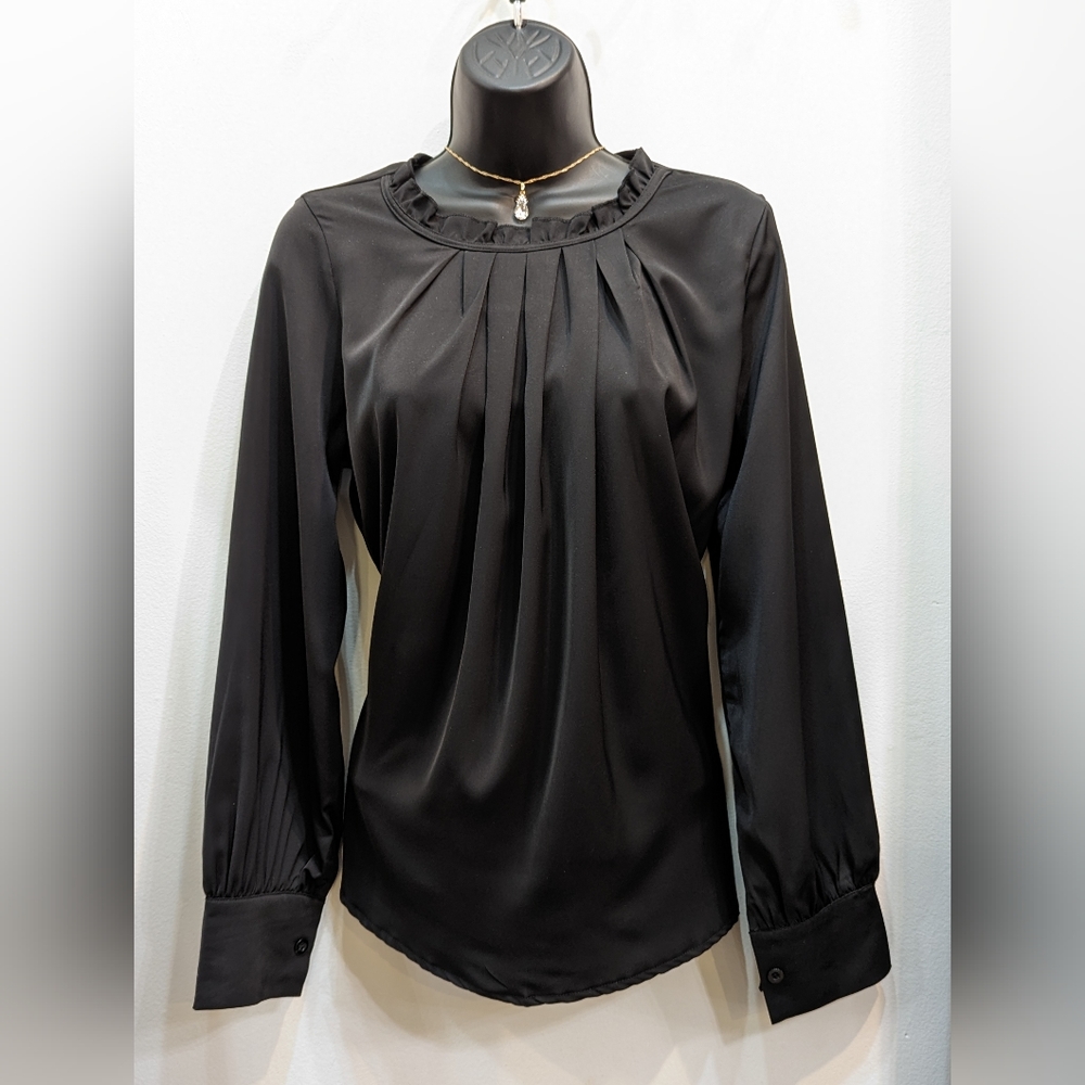 Black Pleated Long Sleeve Blouse